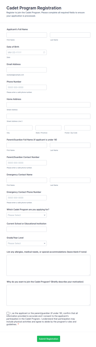 Cadet Program Registration Form Template