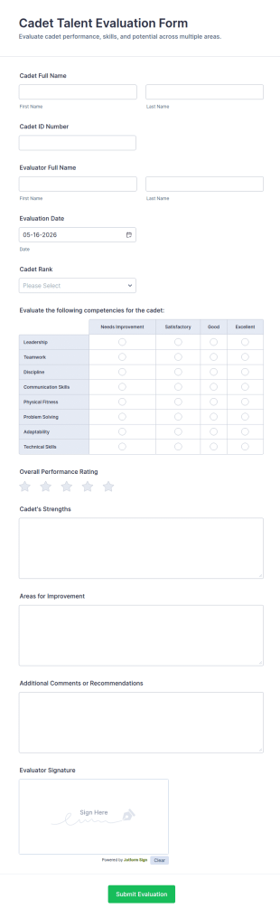 Cadet Talent Evaluation Form Template