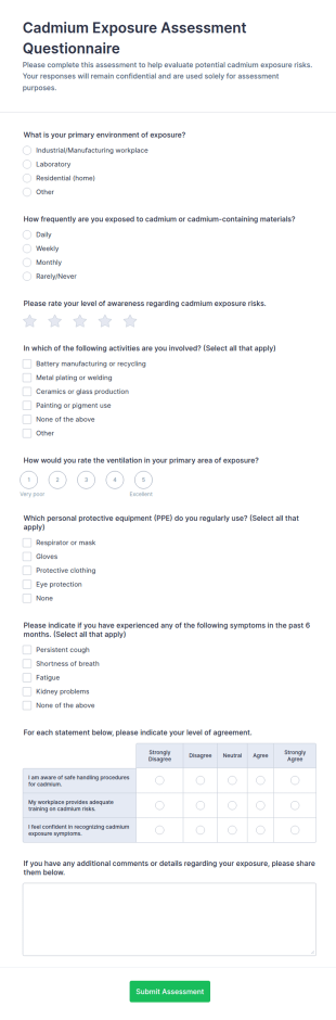 Cadmium Exposure Assessment Questionnaire Form Template