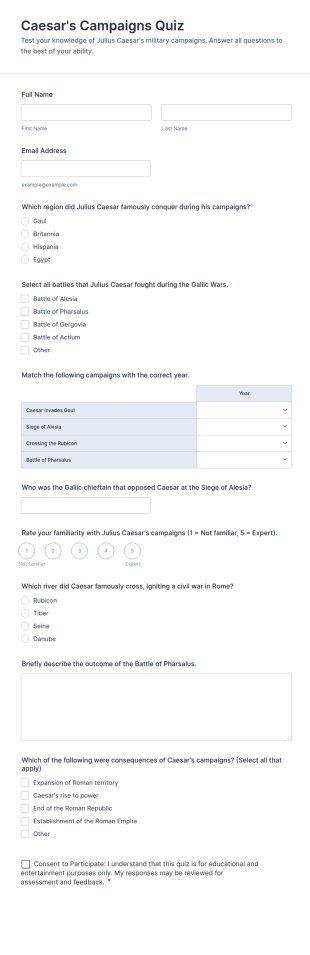Caesar's Campaigns Quiz Form Template