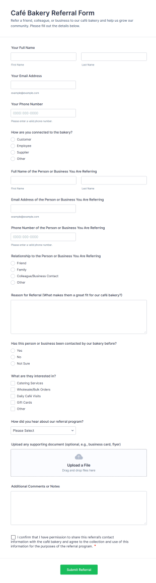 Café Bakery Referral Form Template