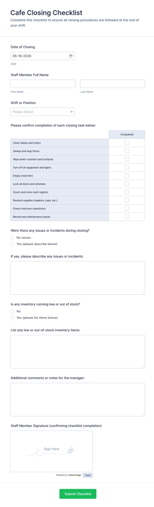 Cafe Closing Checklist Form Template