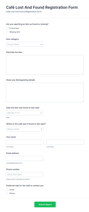 Café Lost And Found Registration Form Template