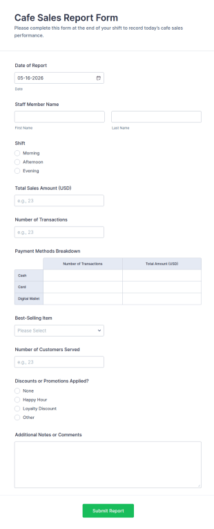 Cafe Sales Report Form Template