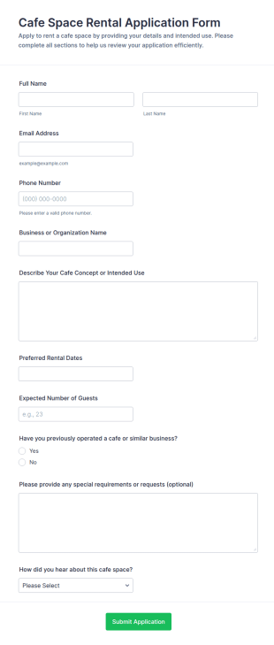 Cafe Space Rental Application Form Template