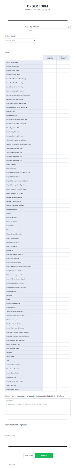 Cafe Stock Order Form Template