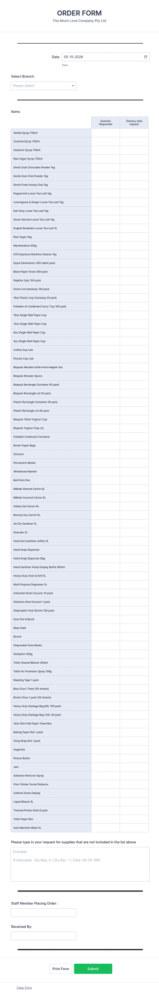 Cafe Stock Order Form Template