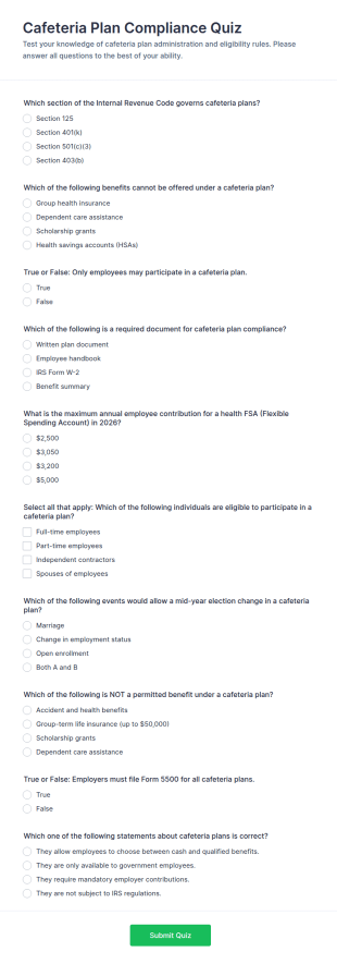 Cafeteria Plan Compliance Quiz Form Template