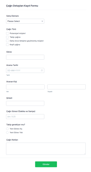 Çağrı Detayları Kayıt Form Şablonu