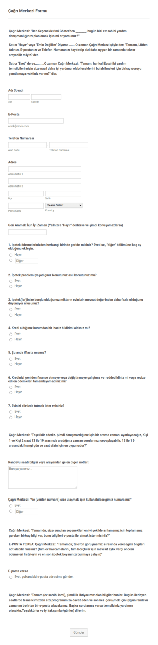 Çağrı Merkezi Form Şablonu