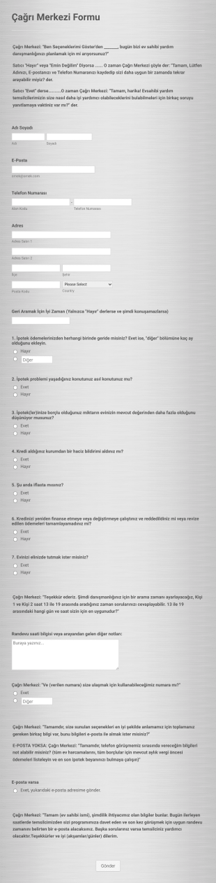 Çağrı Merkezi Form Template