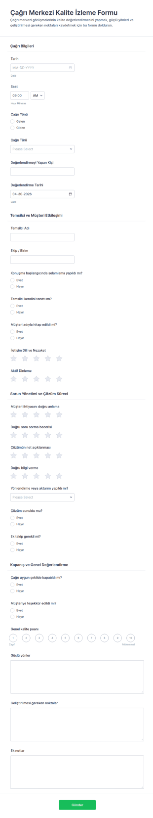 Çağrı Merkezi Kalite İzleme Anketi Form Şablonu