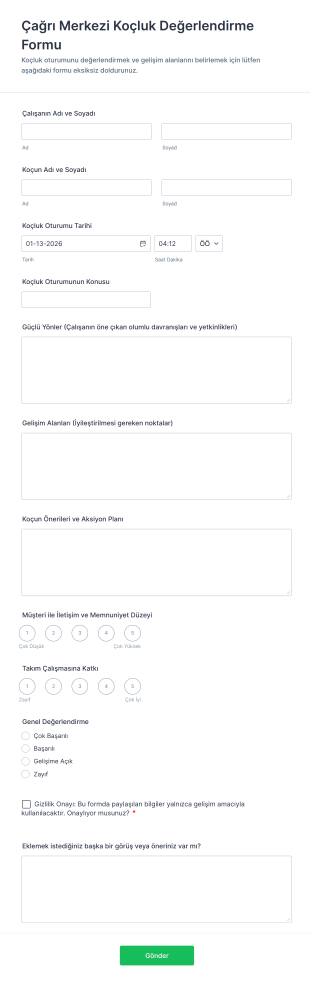 Çağrı Merkezi Koçluk Değerlendirme Form Template