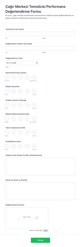 Çağrı Merkezi Temsilcisi Performans Değerlendirme Form Şablonu