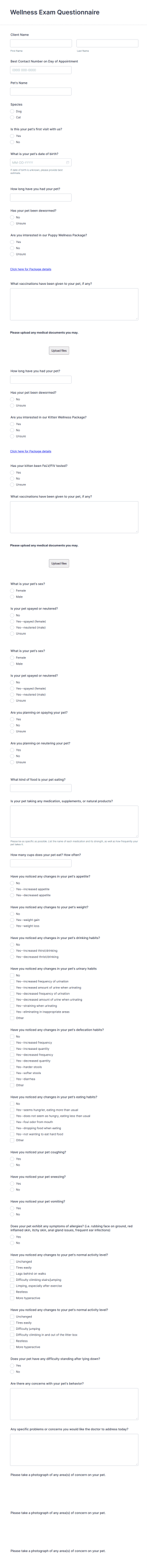 Pet Wellness Questionnaire Form Template
