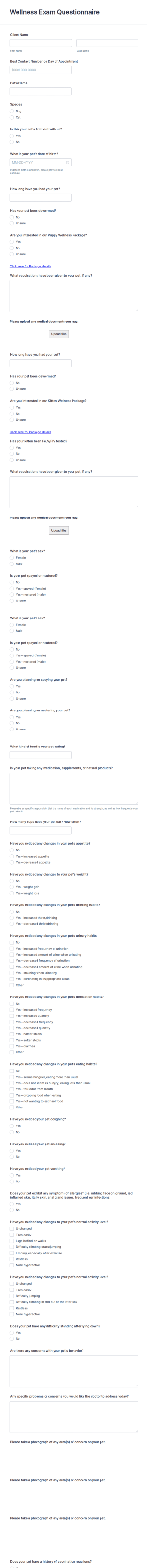 Pet Wellness Questionnaire Form Template
