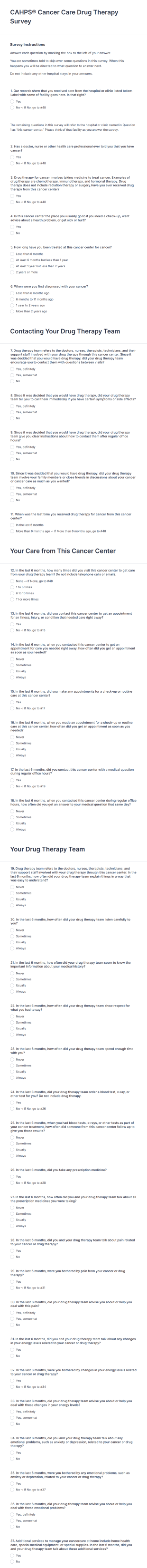 CAHPS Cancer Care Drug Therapy Survey Form Template