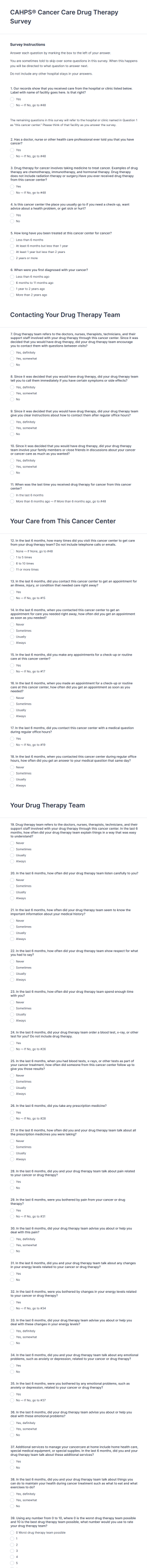 CAHPS Cancer Care Drug Therapy Survey Form Template