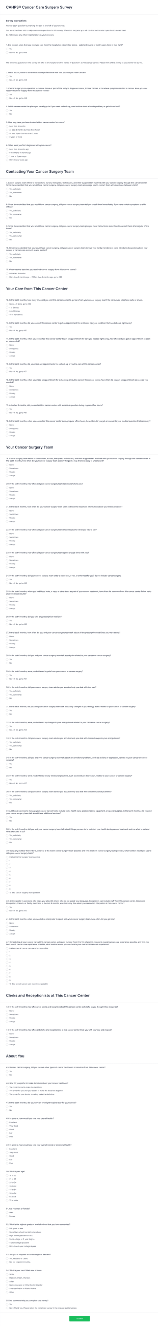 CAHPS Cancer Care Surgery Survey Form Template