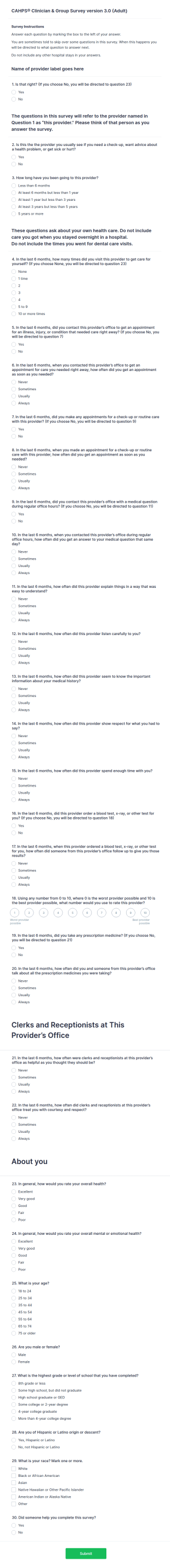 CAHPS Clinician & Group Survey Version 3.0 (Adult) Form Template