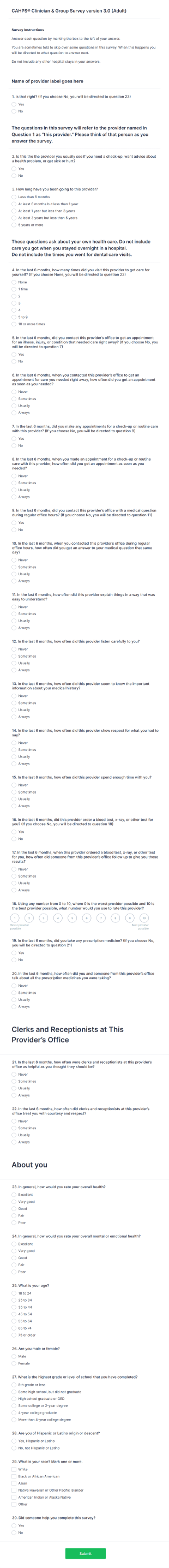CAHPS Clinician & Group Survey Version 3.0 (Adult) Form Template