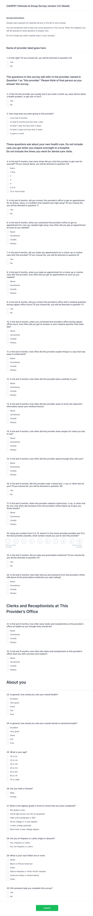 CAHPS Clinician & Group Survey Version 3.0 (Adult) Form Template