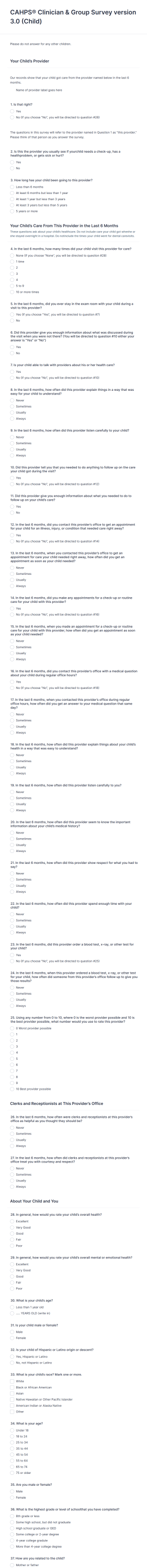 CAHPS Clinician & Group Survey Version 3.0 (Child) Form Template