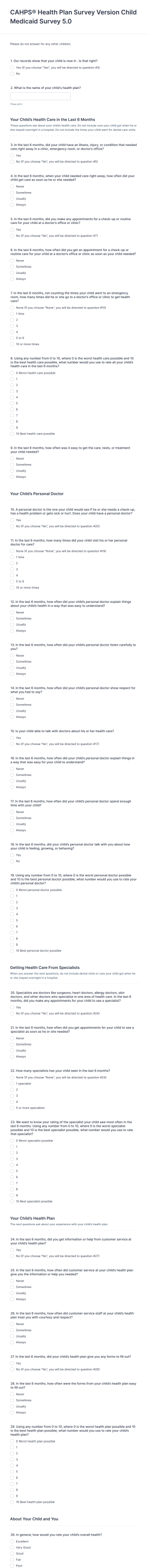 CAHPS Health Plan Survey Version Child Medicaid Survey 5.0 Form Template