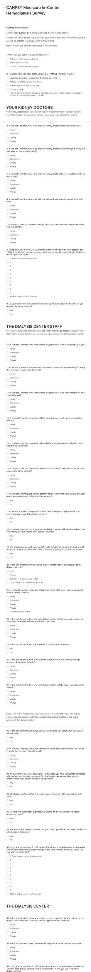 Medicare In Center Hemodialysis Patient Experience Survey Form Template