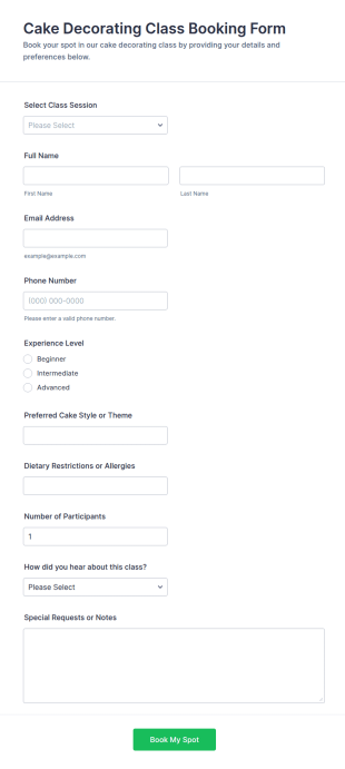 Cake Decorating Class Booking Form Template