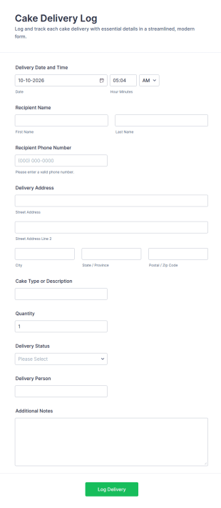 Cake Delivery Log Form Template