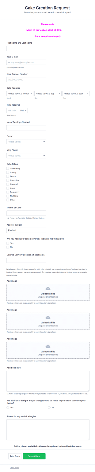 Cake Inquiry Form Template