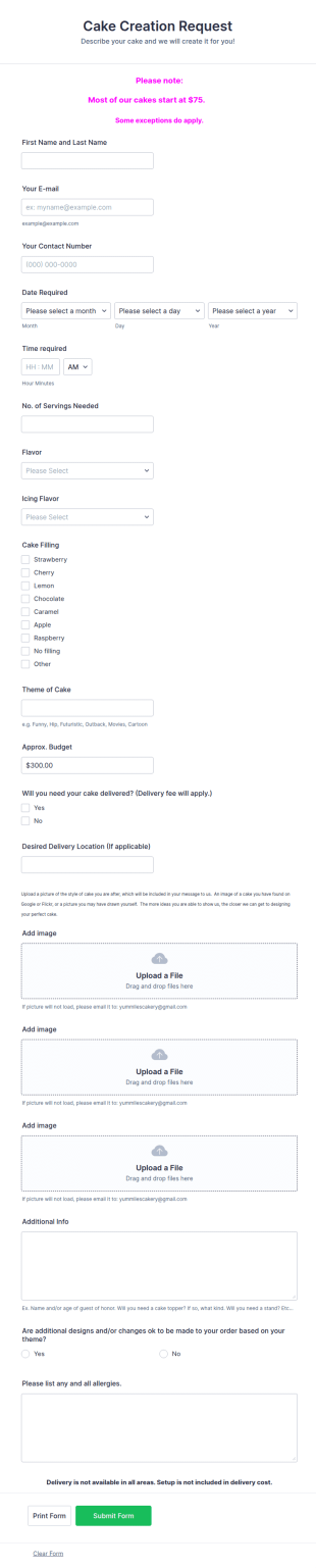 Cake Inquiry Form Template