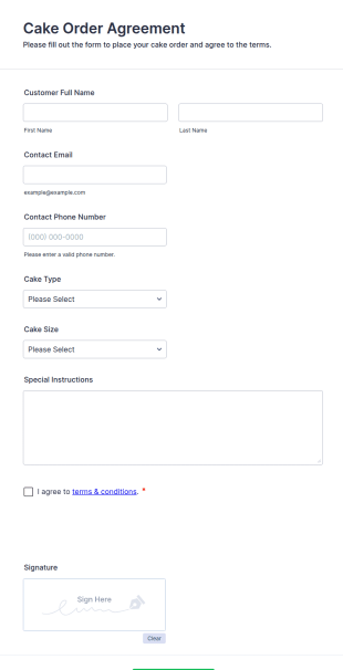 Cake Order Agreement Form Template
