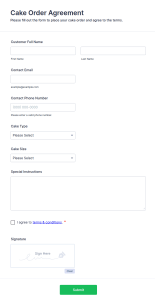 Cake Order Agreement Form Template
