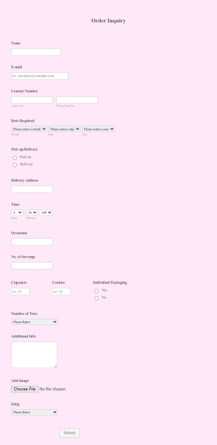 Cake Order Inquiry Form Template