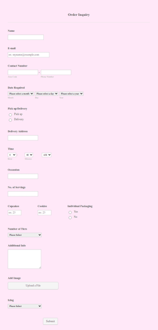 Cake Order Inquiry Form Template