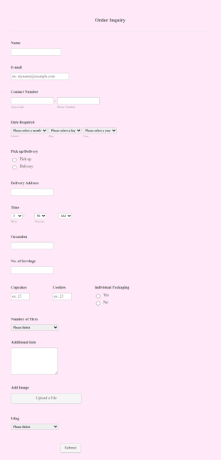 Cake Order Inquiry Form Template