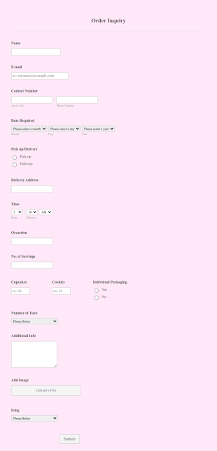 Cake Order Inquiry Form Template