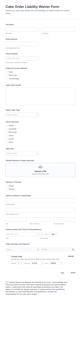 Cake Order Liability Waiver Form Template