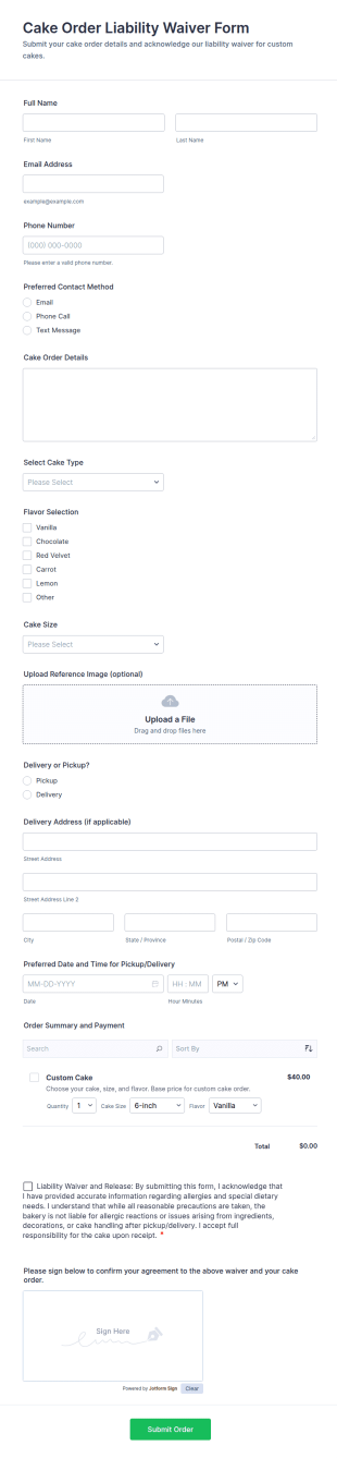 Cake Order Liability Waiver Form Template