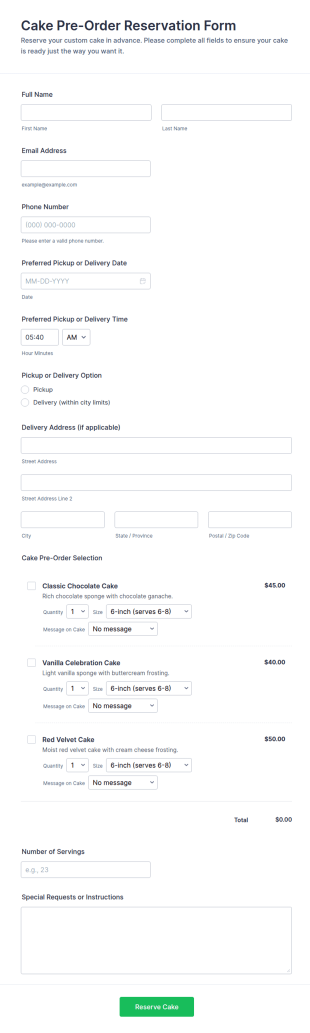 Cake Pre Order Reservation Form Template