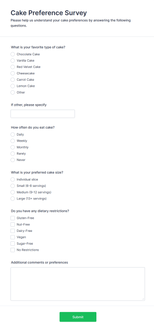 Cake Preference Survey Form Template