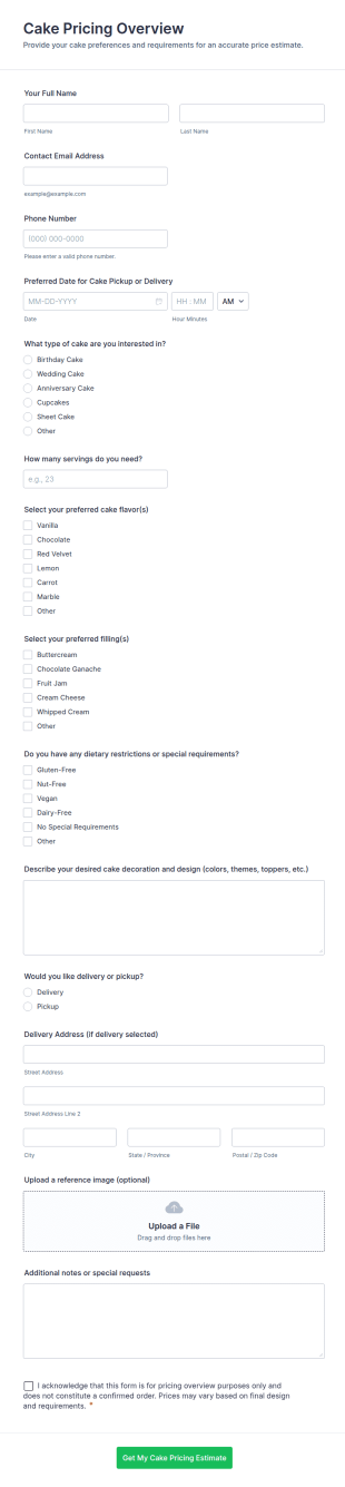 Cake Pricing Overview Form Template