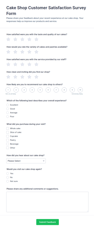 Cake Shop Customer Satisfaction Survey Form Template