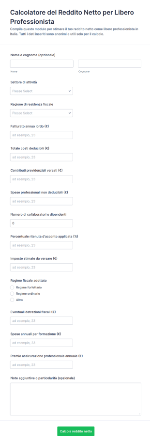 Calcolatore Del Reddito Netto Del Freelancer Form