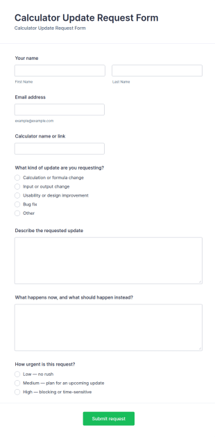 Calculator Update Request Form Template