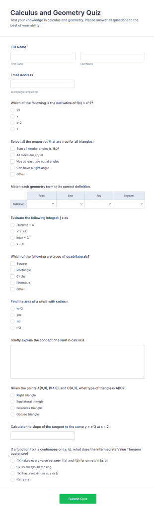 Calculus And Geometry Quiz Form Template