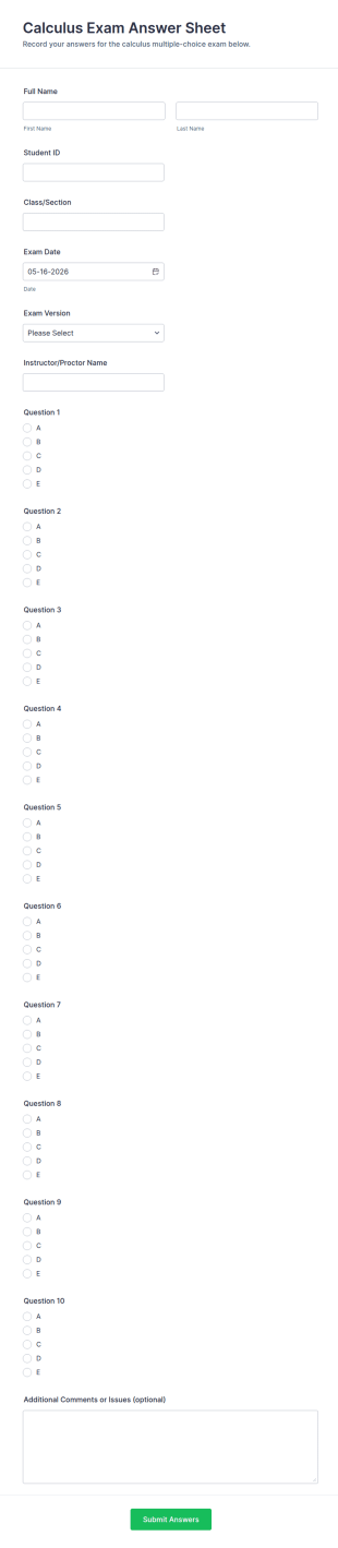 Calculus Exam Answer Sheet Form Template