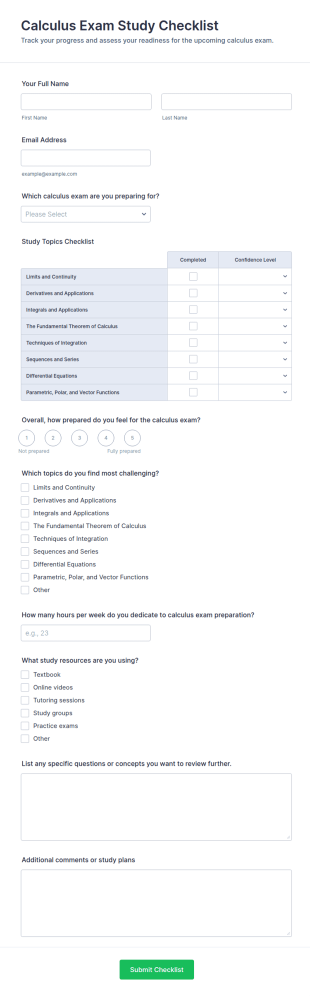 Calculus Exam Study Checklist Form Template